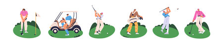 Golfers play set. Professional golf players swinging to hit ball with putter into hole. Sports people putt golfball, drive cart on grass lawn. Flat isolated vector illustrations on white backgroundのイラスト素材