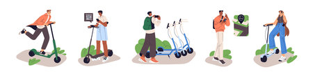 Set of people riding rental electric kick scooter. Men and women rent escooters online with sharing service in app. Characters walks by urban eco transport. Flat isolated vector illustrations on whiteのイラスト素材