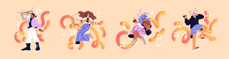 Concept set of music listening. Happy people with headphones enjoy songs by audio player, smartphone, mixtape. Characters dance by melodies at party, discotheque. Flat isolated vector illustrationsのイラスト素材