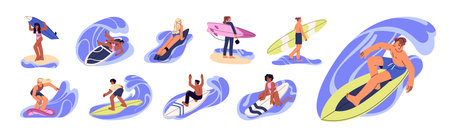 Set of happy people surfing, catching a wave. Surfers ride on board at sea, do stunts, tricks with surfboard on ocean. Summer on beach resort. Flat isolated vector illustrations on white backgroundのイラスト素材