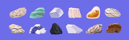Different stones, minerals set. Rocks with various materials, shapes, color. Gemstones, gems, fossils, pieces of decorative amber, coal, granite, organic marble. Flat isolated vector illustrationsのイラスト素材