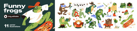 Funny frogs set. Cute anthropomorphic toads sing, dance and read. Happy froglets with skateboard, flower, reed, lily leaf and mushroom. Flat isolated vector illustrations on white background.のイラスト素材