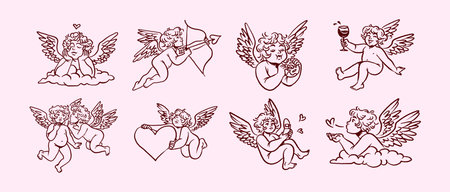Doodle set of cupids. Cute baby angels with bows, hearts and air kisses. Funny amors with arrows of love and affection. Symbol of St Valentine Day. Hand drawn outline isolated vector illustrations.のイラスト素材