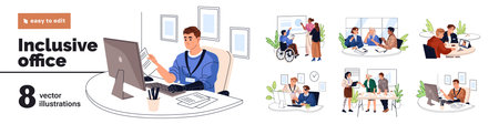 Inclusive office set. Employees with disabilities are at workplace. Workers in wheelchair, with prosthesis. Diverse colleagues work together. Flat isolated vector illustrations on white backgroundのイラスト素材