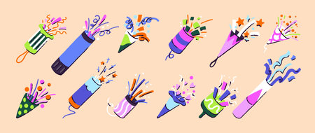 Firecrackers set. Different party poppers with confetti. Various exploding crackers, festive paper cones. Elements and decorations for holiday celebrations. Flat isolated vector illustrationsのイラスト素材
