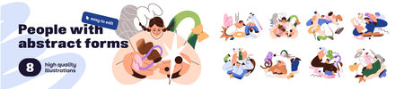 People with abstract forms and lines set. Characters in different poses with various figures and elements. Girls and boys with geometric shapes. Flat isolated vector illustrations on white backgroundのイラスト素材