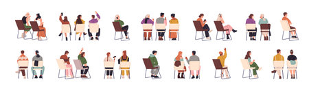 People sit on chairs back view set. Men and women are on seats at seminar, conference, concert or meeting. Behind of audience, spectators. Flat isolated vector illustrations on white backgroundのイラスト素材