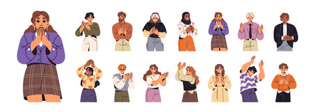 Applauding people set. Happy men and women are clapping hands. Girls and boys celebrate success with cheers. Applause, ovations, greeting. Flat isolated vector illustrations on white backgroundのイラスト素材