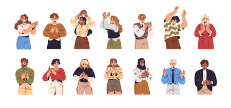 Different people clapping hands set. Happy men and women applause, celebrate success, rejoice. Spectators applauding, greeting, show support. Flat isolated vector illustration on white backgroundのイラスト素材