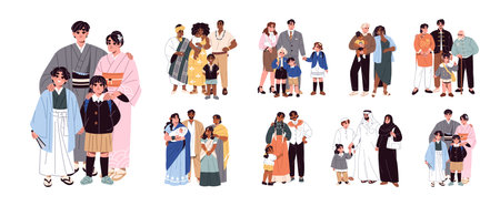 Families of different cultures set. Diverse parents with their children. Muslim, Mexican, Indian, Japanese and Chinese mothers and fathers with kids. Flat isolated vector illustrations on whiteのイラスト素材