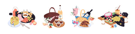 Set of picnics in nature set. Blankets with baskets, food, drinks and flower for romantic date in park. Eating outdoors with hamper in summer. Flat isolated vector illustrations on white backgroundのイラスト素材