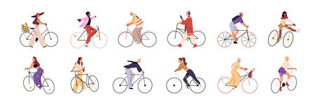 People on bicycles set. Men and women are cycling. Bicyclists ride with fast speed. Different cyclists while walking. Happy riders on bikes. Flat isolated vector illustrations on white backgroundのイラスト素材
