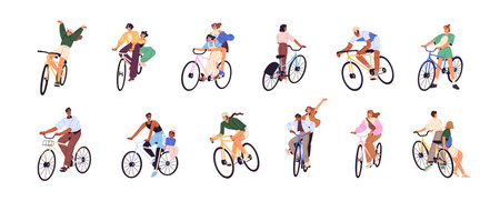 People ride a bike set. Young men and women travel by bicycle in summer. Riders are cycling. Cyclist do sports. Happy bicyclists race at walking. Flat isolated vector illustrations on white backgroundのイラスト素材