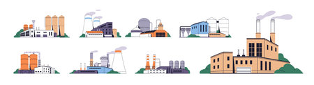 Different factories set. Building of power stations, heavy industry plants and manufacturing with exhaust smoke from chimney. Productions with tanks. Flat isolated vector illustrations on whiteのイラスト素材