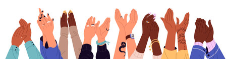 Applauding hands, applause banner. Audience are greeting with clapping palms. Crowd of people support, gratitude, celebrate success with cheers. Flat isolated vector illustration on white backgroundのイラスト素材