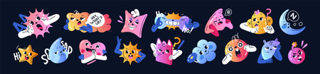 Abstract characters with different emotions set. Happy, sad, angry, crying, shocked, thinking and...