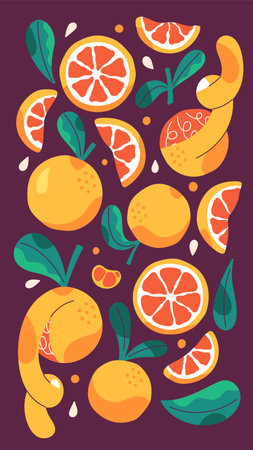 Design of card with pattern of grapefruit. Postcard with red pomelo and leaves. Peeled tangerines...