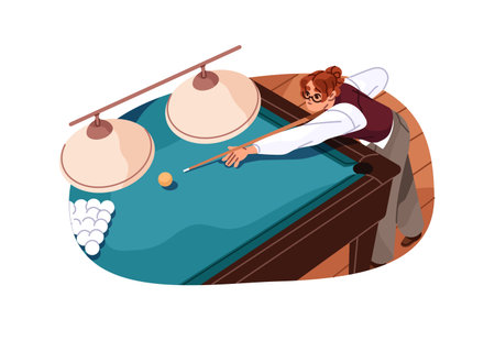 Billiard player aims and hits cue ball up on table. Girl plays snooker or pool. Athlete strikes with...