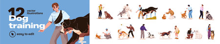 Dog training set. Owners with their pets do obedience exercises and play on playground. Trainers train puppies, teach animals different commands. Flat isolated vector illustrations on white backgroundのイラスト素材