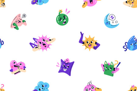 Repeatable pattern of happy, sad, angry, bored and shocked emoticons. Endless background of...