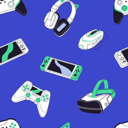 Repeatable pattern of gamers devices to play on computer or console. Endless background of video...