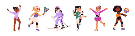 Set of little girls do sports. Happy children play different games: soccer, volleyball, big tennis. Kids do gymnastics, ice skating and skiing. Flat isolated vector illustrations on white backgroundのイラスト素材
