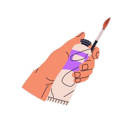 Human hand with paint tube and brush. Artist holding violet acrylic dye and paintbrush. Art stationery for painting. Drawing tools in palm. Flat isolated vector illustration on white backgroundのイラスト素材