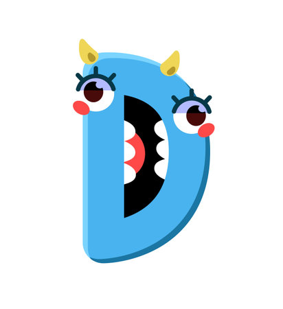 Funny letter D with silly face. Figure of kids alphabet with shape of cute character. Design of English ABC font with monsters and aliens. Flat isolated vector illustration on white backgroundのイラスト素材