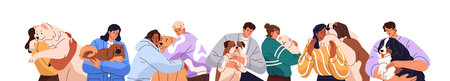 Group of people holding and hugging puppies. Owners love, embrace pups. Happy men and women with...