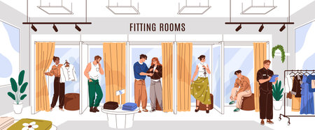 People are in fitting room. Customers try clothes in dressing booths with curtains. Buyers are shopping in fashion store. Men and women choose stylish garments in shop. Flat vector illustration