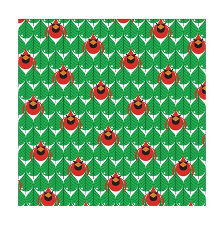 geometric red bird and green leavesのイラスト素材