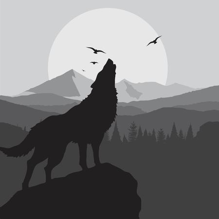 Wolf silhouette on forest background in grey color toneのイラスト素材