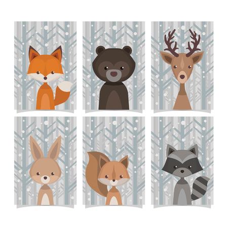 assortment forest animals on winter backgroundのイラスト素材