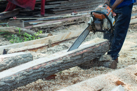 handyman cut wood with jigsaw in workshopの写真素材