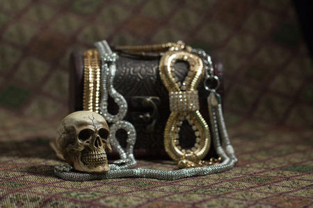 Still Life skull and small box with treasures on a fabric backgroundの写真素材