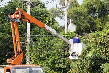 Tree Worker evaluating the job from a bucket truck - removing branches - what out for that electric lineの写真素材