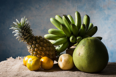 Still life fruits on sack clothの写真素材
