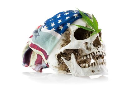 Still life of human skull, cannabis leaf and flag on white backgroundの写真素材