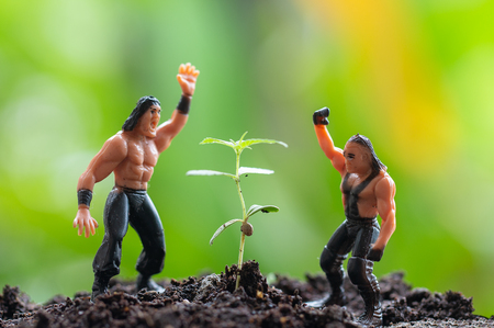 marijuana, Cannabis seedling close up on background with model strong man in health conceptの写真素材
