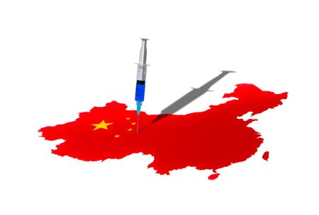 Map of China with a medical syringe with a vaccine on whiteの写真素材
