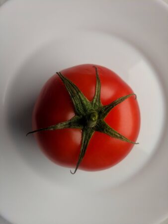 one ripe red tomato on a white plate in the sunlightの写真素材
