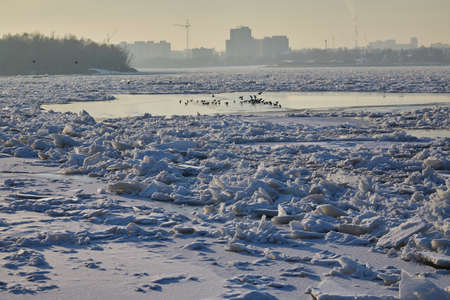 Embankment of the Irtysh river in Omsk in winter, in the evening. Russia.の写真素材