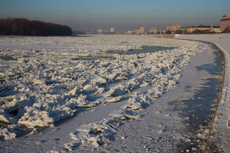 Embankment of the Irtysh river in Omsk in winter, in the evening. Russia.の写真素材