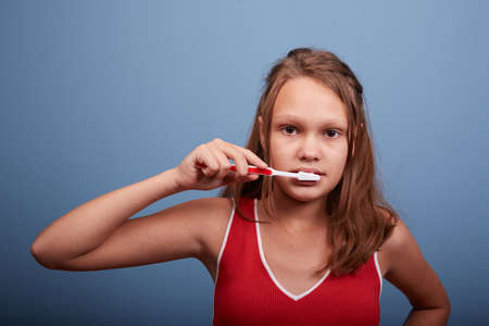 a cheerful beautiful girl of 11 years old brushes her teeth on a blue backgroundの写真素材