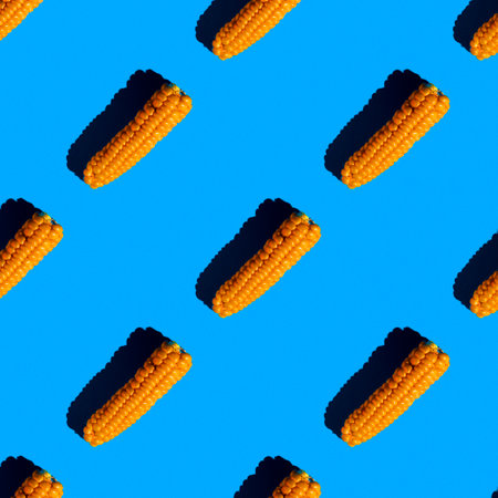 bright flat seamless pattern of peeled corn on a blue backgroundの写真素材