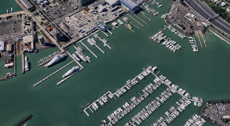 The coast of Auckland city in New Zealand from a bird's eye view in summer