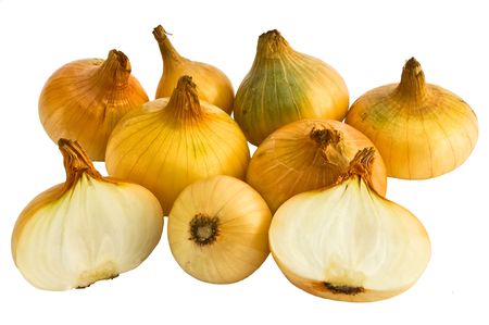 The natural onion isolated on a white background one of which is cut half-and-halfの写真素材