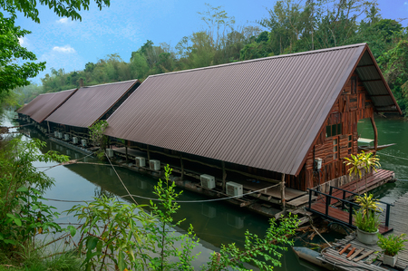 floating vacation homes on tropical river Kwai Thailandのeditorial素材