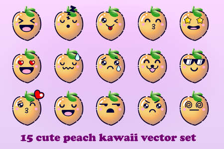 Cute Cartoon Peaches Fruit with Kawaii Faces and Chibi Style Emoticon Vector Setのイラスト素材
