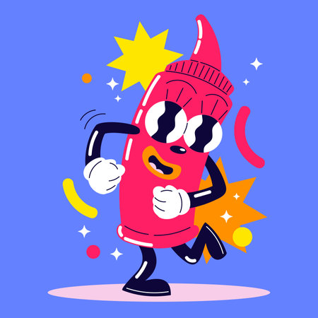 Cartoon vector illustration of a cute pink hot chili pepper character running and smiling.のイラスト素材
